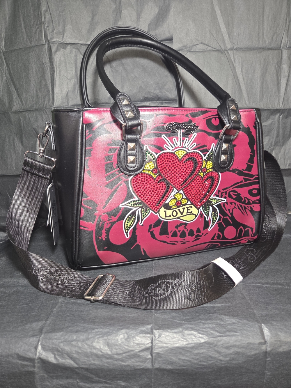 Ed Hardy Lunch Tote Bag Hearts Rhinestone Thermal Insulated Vegan Crossbody